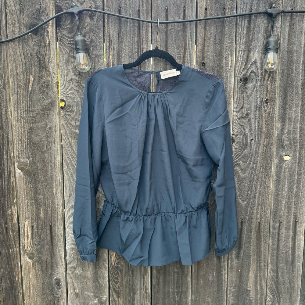 Zimmermann Navy Blue Silk Lace Back Peplum-Style long sleeve Blouse Scoop Neck 2